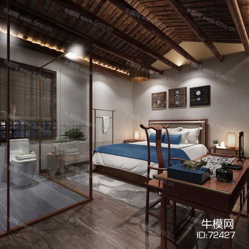 新中式民宿客房3d模型下载