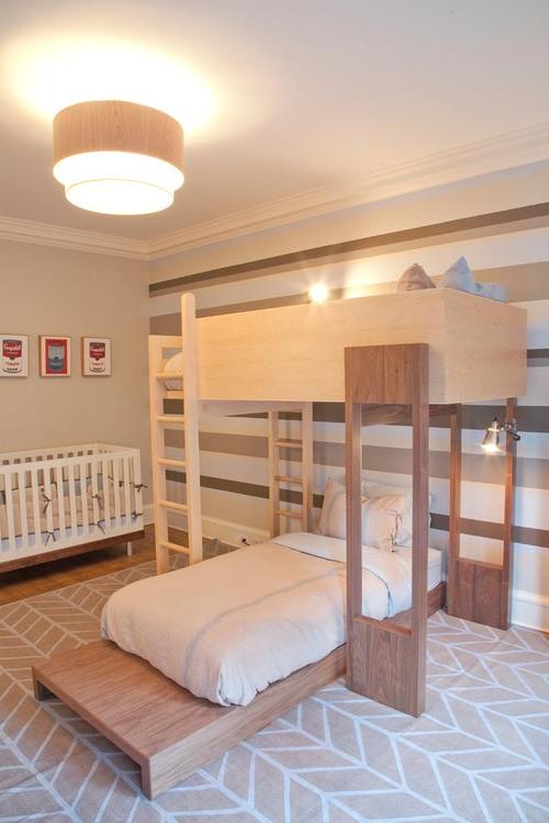 现代儿童房木色高低床装修效果图