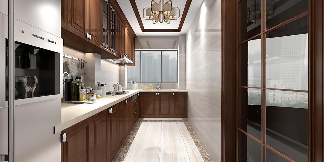 厨房的中式实木橱柜和暖黄色的瓷砖搭配出高级感宽敞明亮的空间给人