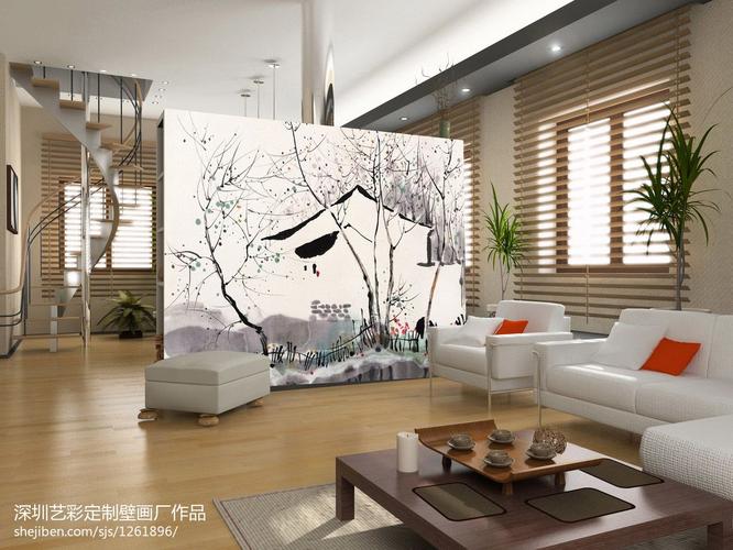 中式现代风格客厅墙体彩绘图案设计
