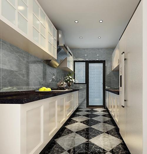 现代风格l型长方形白色厨房橱柜瓷砖装修效果图