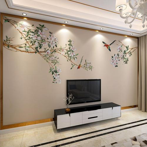 新中式电视背景墙壁纸古典花鸟影视墙布客厅大气装饰桃花墙纸壁画