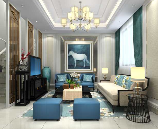 天籁山水清音新中式风格别墅的客厅效果图
