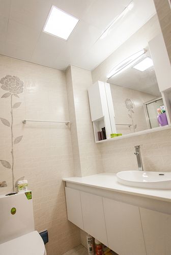 卫生间在人工照明上做的比较明亮浅色砖纹秀气的花形简单中体现不