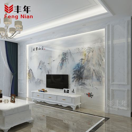 中式微晶石电视背景墙瓷砖现代简约大理石边框客厅罗马柱山水画优惠券