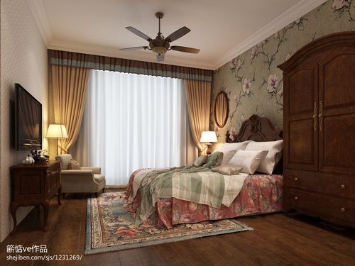 绿景公馆美式卧室窗帘家具装修设计效果图