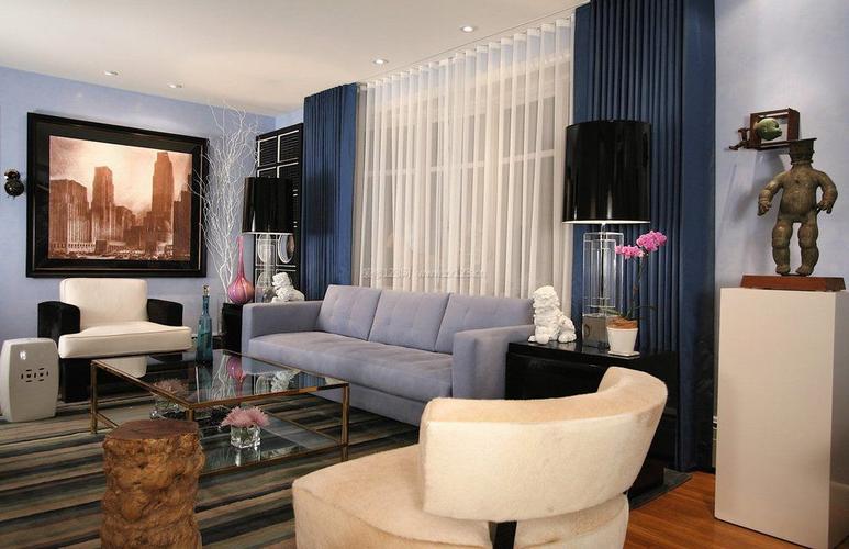 2022现代家庭客厅蓝色窗帘图片装信通网效果图