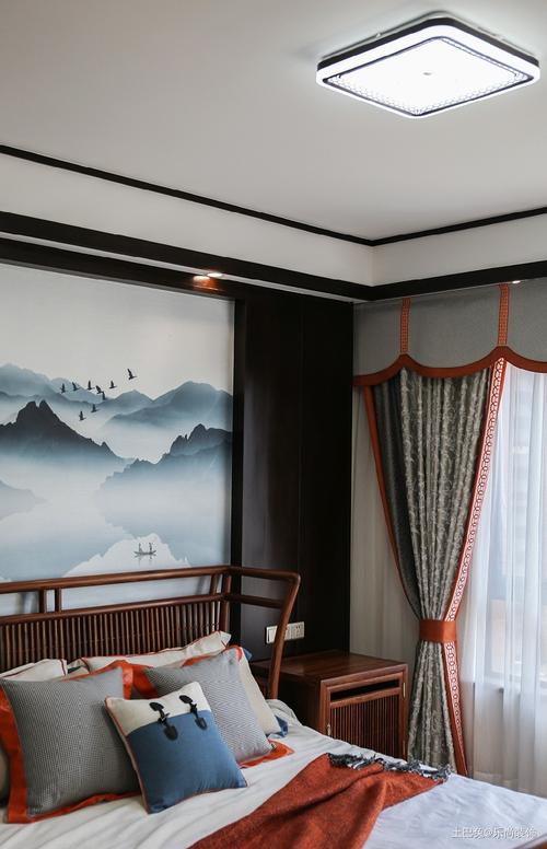 148新中式装修再住20年都不过时卧室窗帘中式现代卧室设计图片赏析