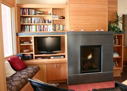 欧式带壁炉原木色书柜书房简单设计效果图