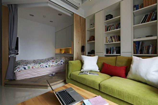 一室小户型现代简约风格33平方米家居卧室书柜沙发床装修效果图