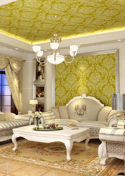 实木家具90灯饰吊顶背景墙沙发茶几华丽金色欧式客厅装修效果图