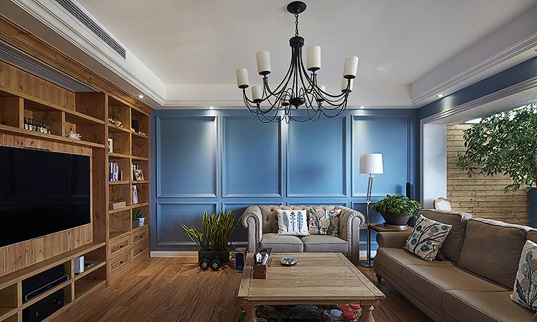 单身公寓浅蓝色墙面简欧客厅装修实景图
