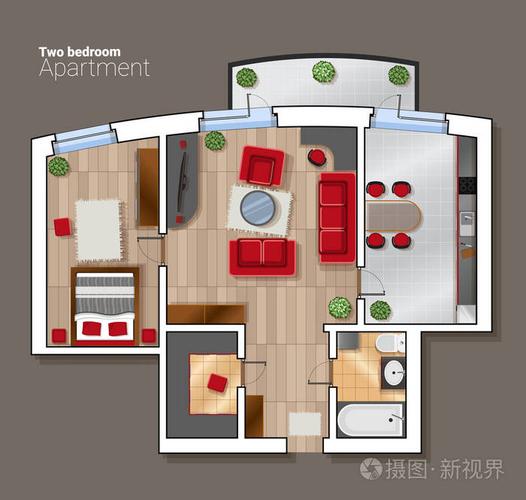矢量顶视图房子房间的平面图.现代餐厅