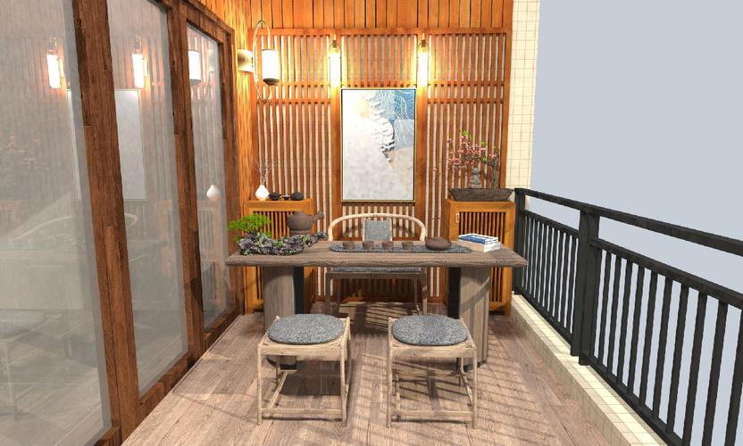 新中式茶室假山水景花园阳台茶桌椅植物盆栽原创su模型阳台su模型