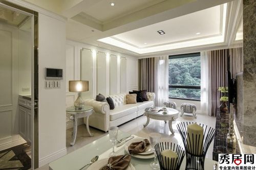 白色瓷砖墙面搭配白色真皮沙发客厅装修效果图