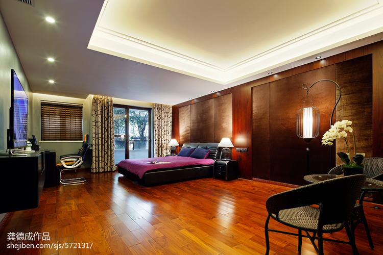 中式卧室柚木色地板装修效果图