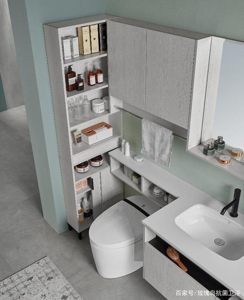 浴室柜延伸出开放式马桶柜充分增加马桶后方的收纳空间纸巾手机