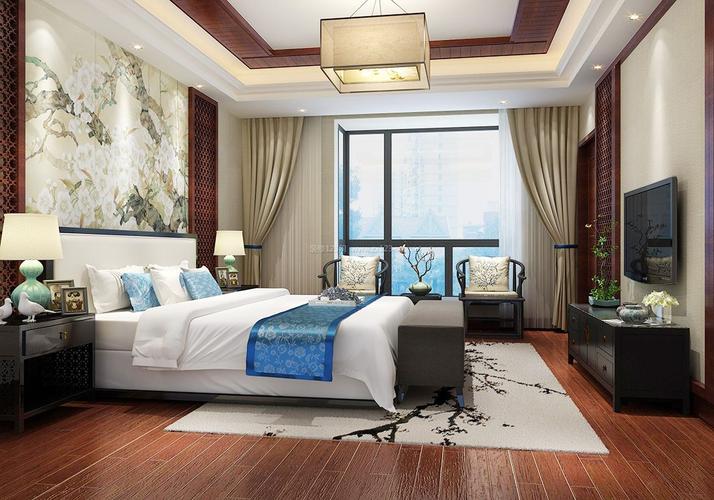 中式家居别墅卧室设计床头背景墙装修效果图片