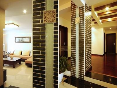 新中式走廊装修之黑色方条瓷砖柱头效果图