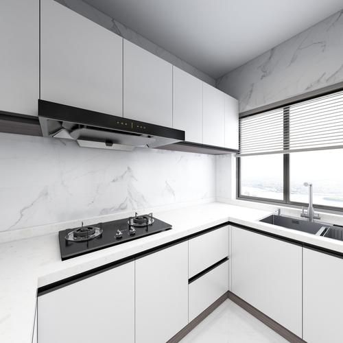 厨房以白色为主基调白色橱柜搭配爵士白台面营造出优雅大气的厨房