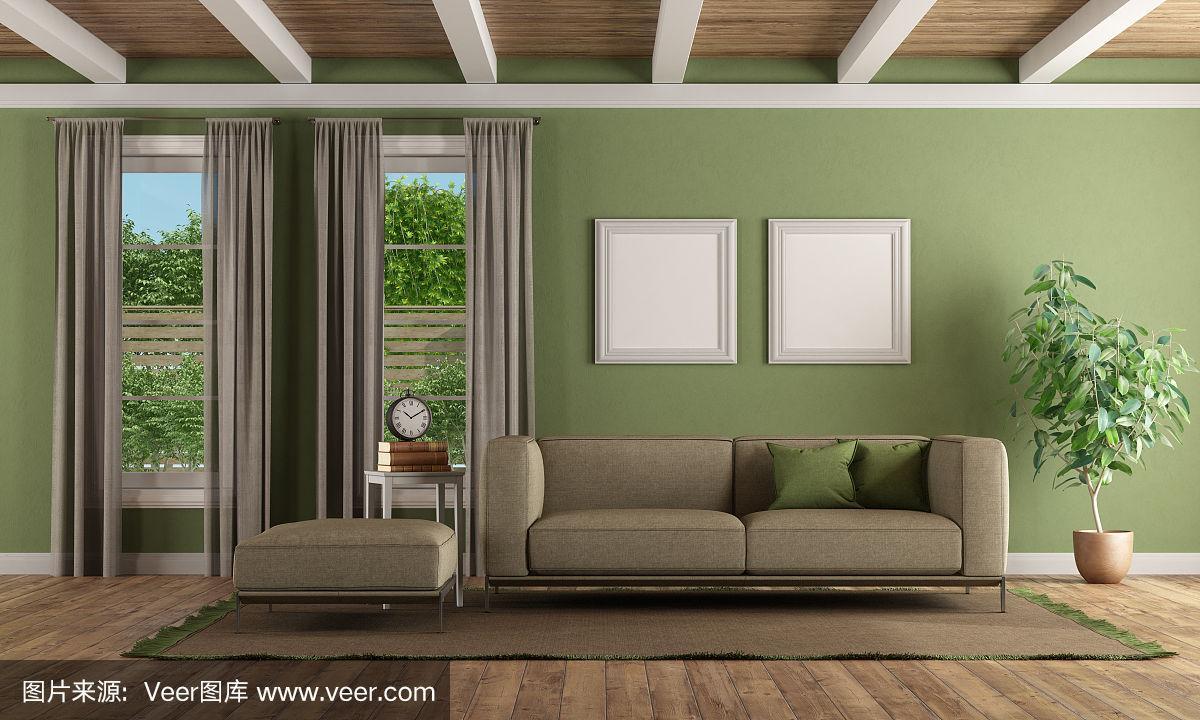 绿色客厅现代沙发和脚凳