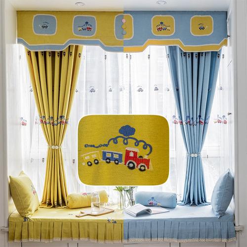 新款卡通汽车男孩卧室儿童房窗帘定制棉麻刺绣落地窗飘窗幔头成品