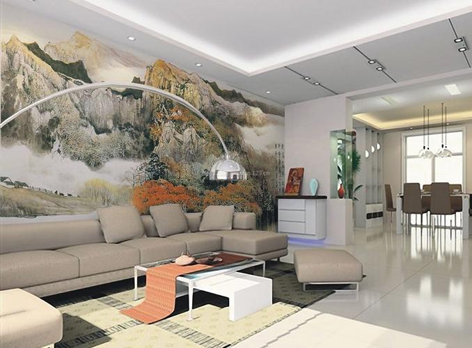 新中式客厅个性沙发装饰山水画背景墙装信通网效果图