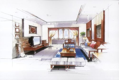 中式古典家装室内设计手绘效果图