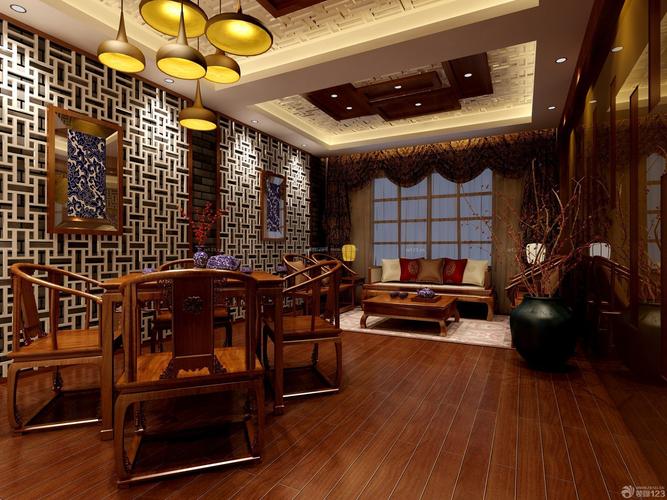中式茶楼室内深棕色木地板装修效果图片