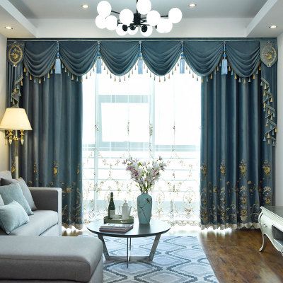 欧式法式客厅卧室落地飘窗奢华绒布刺绣花窗帘成品水波头幔定制