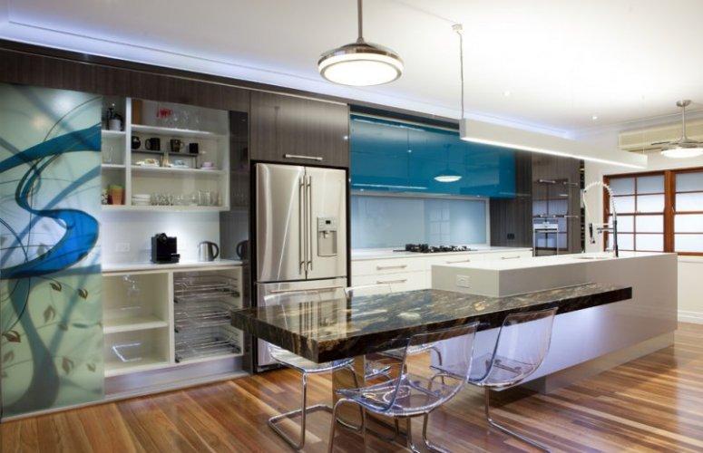 大户型开放式厨房整体定制烤漆橱柜效果图蓝色橱柜图片