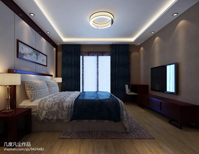 环中里中式卧室窗帘灯具装修设计效果图