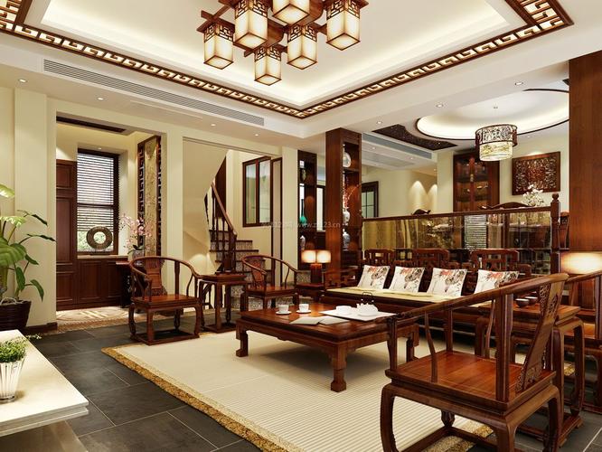 最新中式别墅室内设计红木客厅装修效果图片