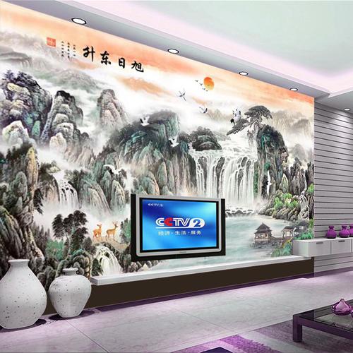 中式国画工笔山水电视沙发客厅背景墙壁纸旭日东升装饰墙纸壁画优惠券