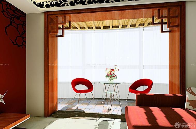 中式风格60小户型客厅带阳台装修效果图欣赏