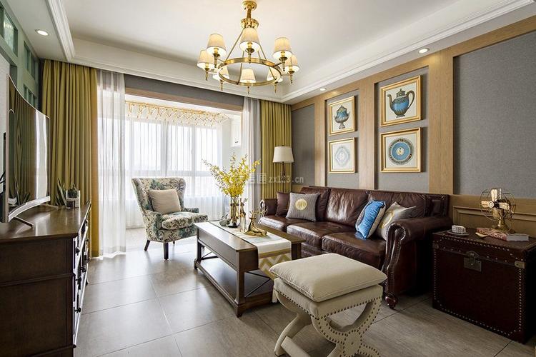 美式风格客厅皮质沙发装修设计图片