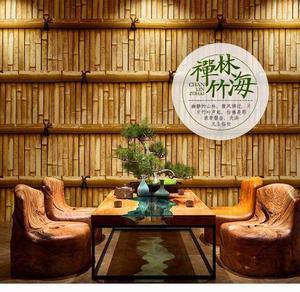 现代中式仿真竹子竹编竹排竹筏样式壁纸新古典茶楼饭店装修墙纸纸