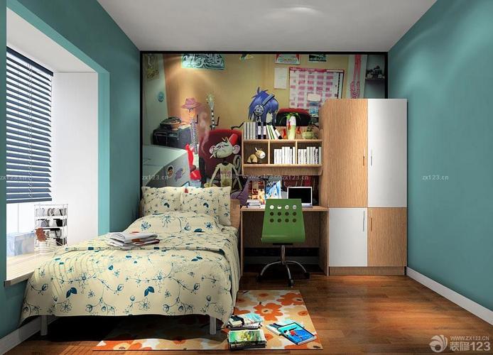 个性小男孩卧室转角电脑桌书柜衣柜组合设计图片装信通网效果图