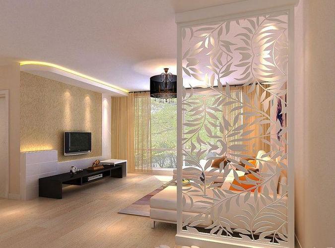 居室时尚简约风格客厅白色树叶镂空图案隔断图效果图