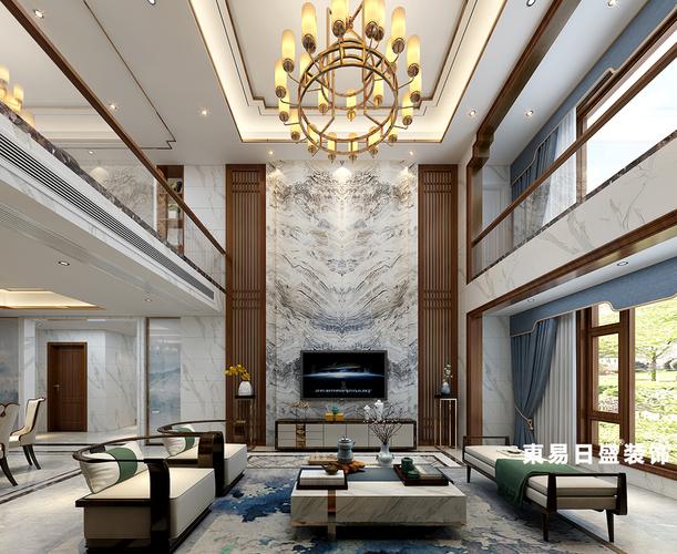 桂林华御公馆复式楼380新中式风格客厅装修设计效果图