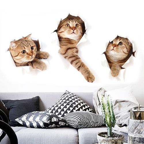 3d立体三只小猫墙贴纸温馨卧室壁纸自粘客厅背景墙装饰墙上贴画