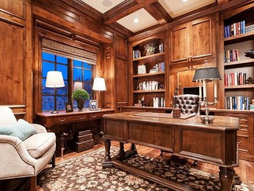 美式风格两室一厅临窗书房实木书柜装修效果图