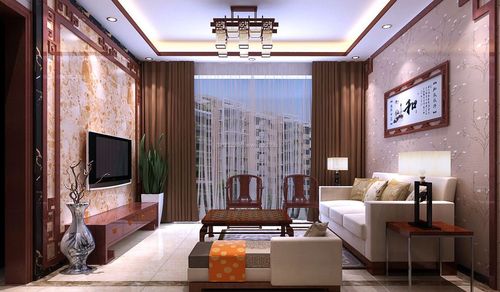 中式家装客厅咖啡色窗帘装修效果图片
