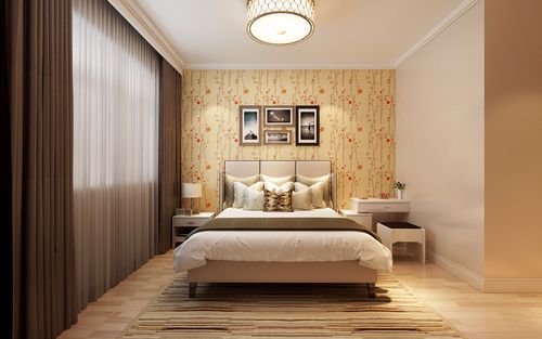 主卧室清新淡雅暖色床头壁纸弥补了简约风格卧室中色彩的单调也增加