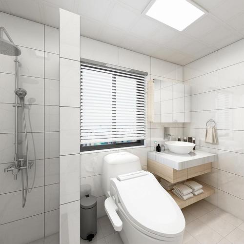 卫生间白色瓷砖搭配木色架空浴室柜