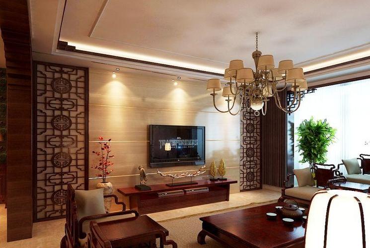 中式古典三居室客厅背景墙装修效果图903578535