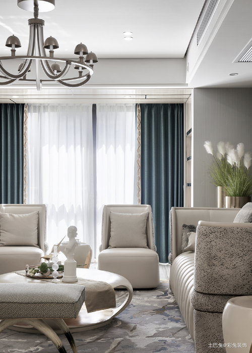 130平米现代轻奢风客厅窗帘现代简约客厅设计图片赏析