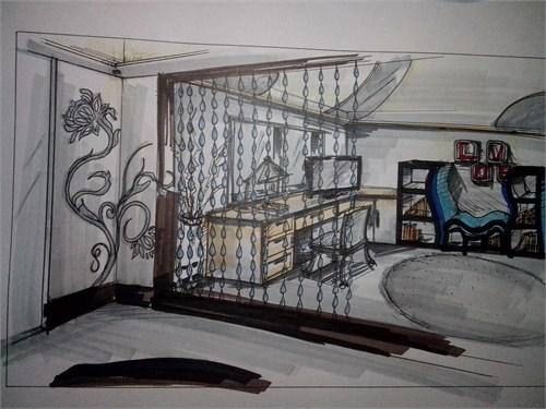 居住空间设计客厅开放式书房手绘效果美国室内设计中文网