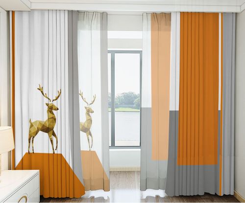 卧室客厅遮光窗帘现代极简约个性拼搭桔色轻奢风格黄金鹿挂钩欧式