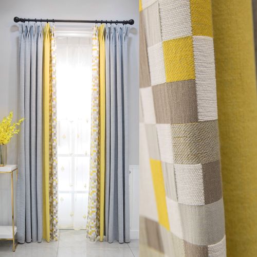 北欧现代简约风加厚雪尼尔遮光灰黄拼接窗帘客厅卧室书房定制成品